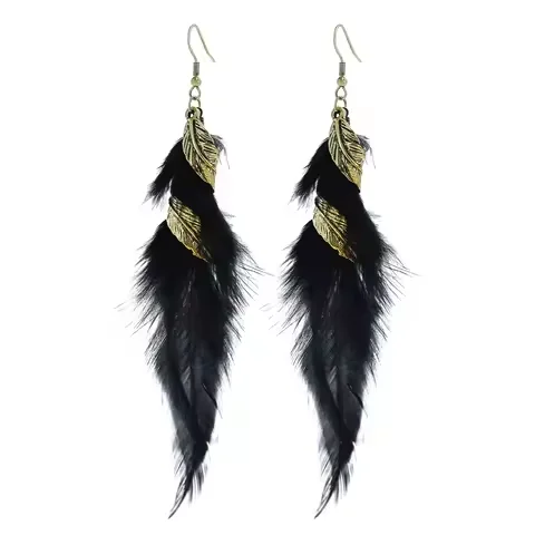 Drop earrings featuring dense black soft feathers layered with metallic feather-shaped motifs.