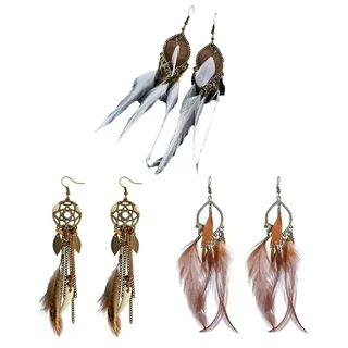 Three pairs of Woodland Feather Drops with dreamcatcher frames and brown and grey plumes.